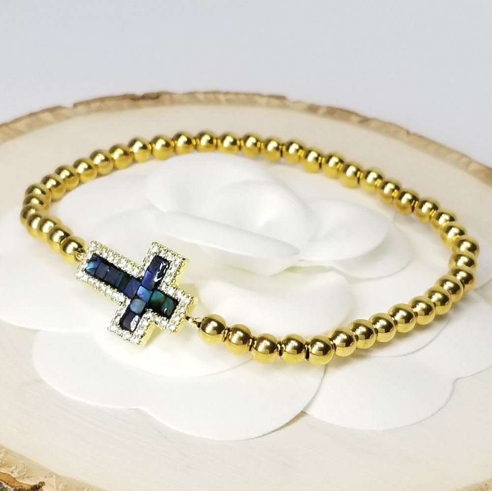 18K Gold Stainless Steel Pave CZ Cross Bracelet - Picture 5 of 10